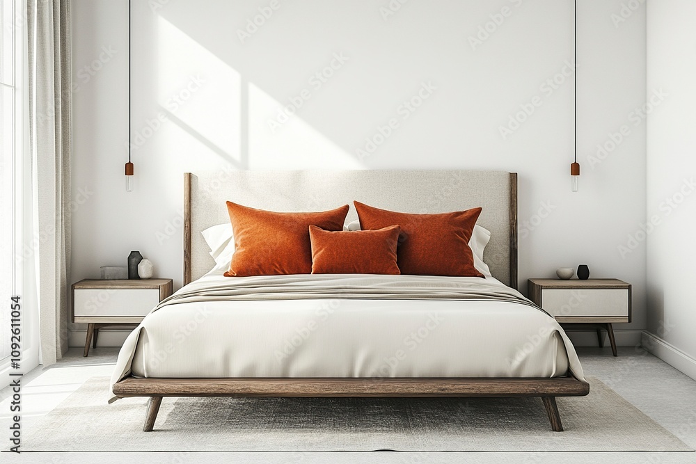 Front view of a modern bedroom with white walls, a large bed centered in the room, beige and orange pillows on it, two nightstands on either side, ,generative ai Front view of a modern bedroom with white walls, a large bed centered in the room, beige and orange pillows on it, two nightstands on either side, ,generative ai