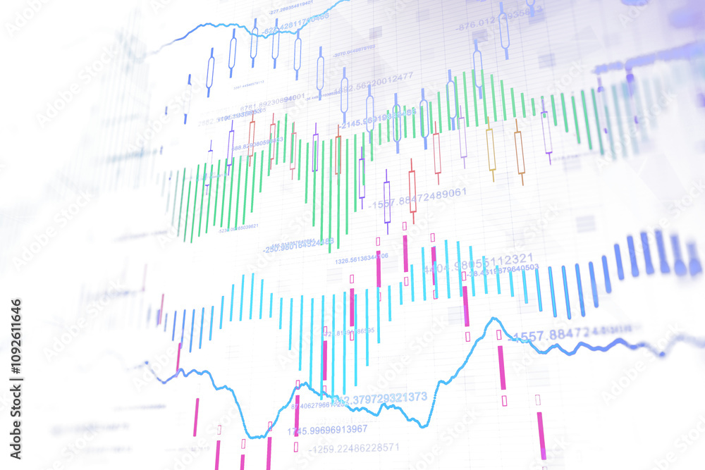 Obraz premium Colorful financial charts featuring candlestick patterns, data lines, and numerical values, displayed on a clean white background, symbolizing market analysis