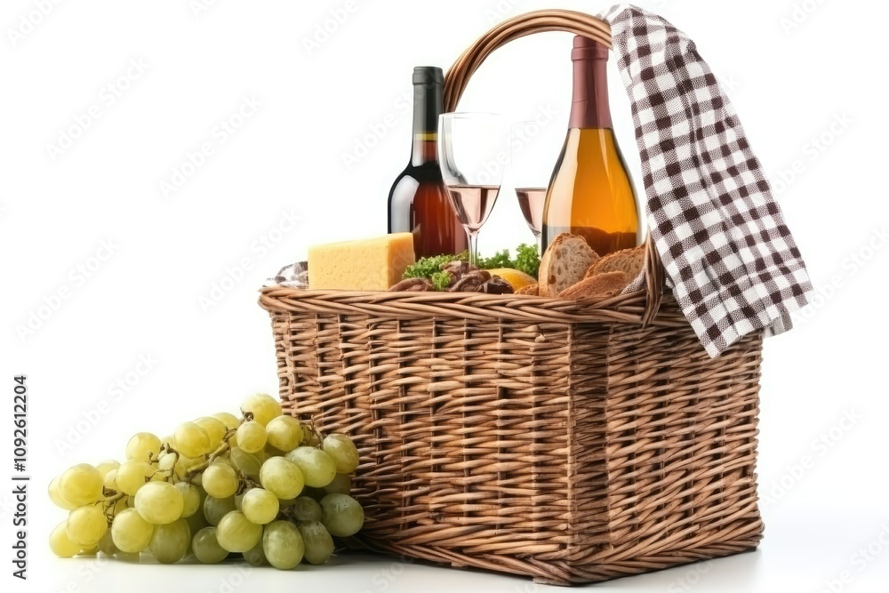 Obraz premium Wicker Basket Picnic With Wine Cheese And Grapes