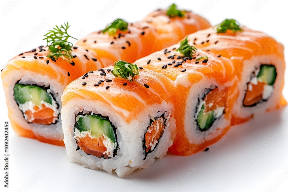 Salmon and Avocado Sushi Rolls with Sesame Seeds and Green Onions Salmon and Avocado Sushi Rolls with Sesame Seeds and Green Onions