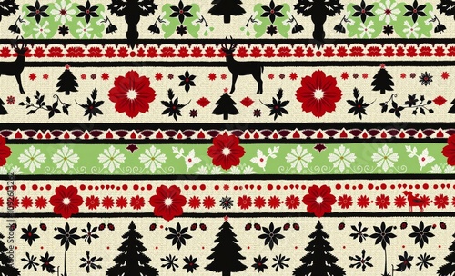 Christmas pattern, Nordic folk art style, repeating motifs, reindeer silhouettes, pine trees, snowflakes, red flowers, geometric borders, horizontal stripes, cream background, festive design, Scandina photo