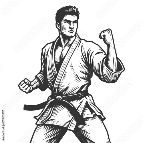 martial artist in a karate gi, showing strength, focus, and discipline in a powerful pose sketch engraving generative ai vector illustration. Scratch board imitation. Black and white image.