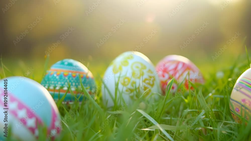 Decorated Easter eggs, sunlight and green grass for festive, spring or holiday celebration. Symbol of tradition, renewal and nature in vibrant outdoor setting with intricate patterns and warm glow Decorated Easter eggs, sunlight and green grass for festive, spring or holiday celebration. Symbol of tradition, renewal and nature in vibrant outdoor setting with intricate patterns and warm glow