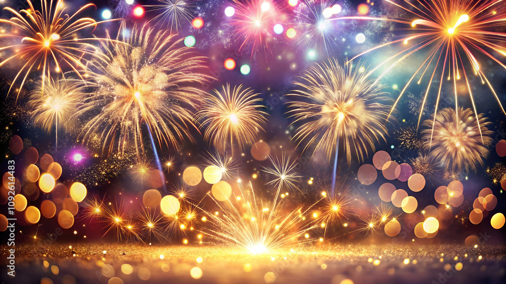 Fototapeta premium A vibrant display of colorful fireworks against a dark background, illuminating the night sky with sparkling lights and bokeh effects.