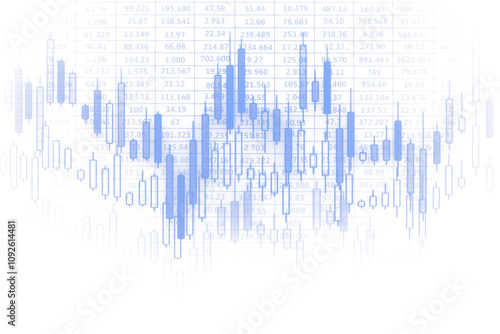 Blue candlestick chart overlaying numerical data on a clean white background, representing forex and stock market trends, analysis, and business concepts