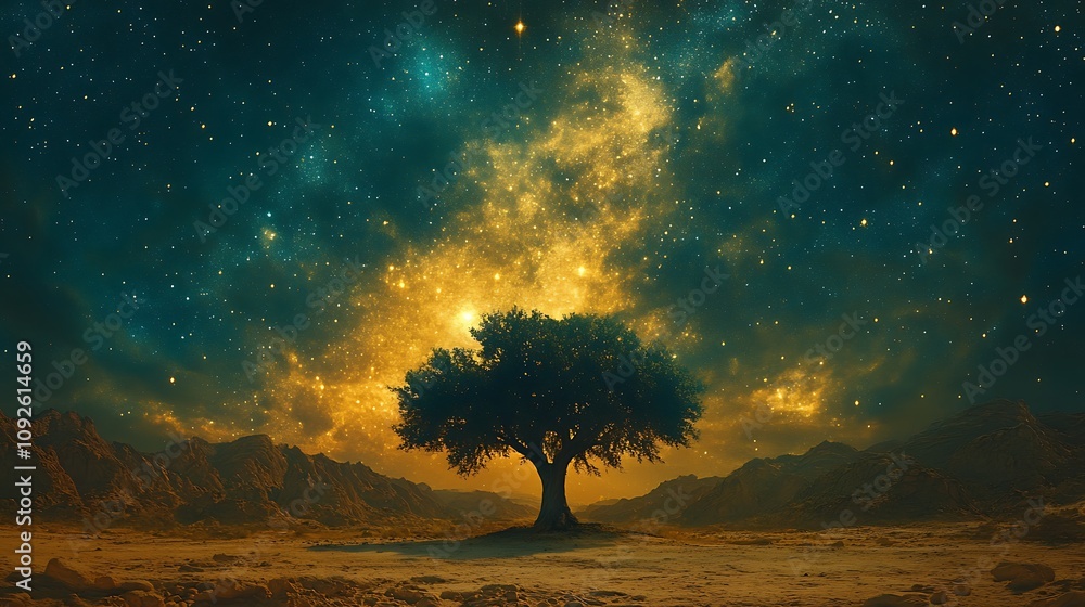 Desert expanse with a solitary tree framed by the shimmering light of the milky way Desert expanse with a solitary tree framed by the shimmering light of the milky way