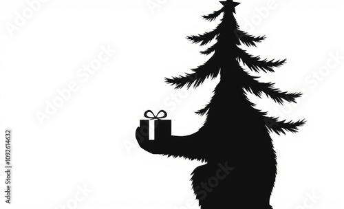 Christmas tree a monkey holding a gift box christmas tree silhouette Illustration  photo