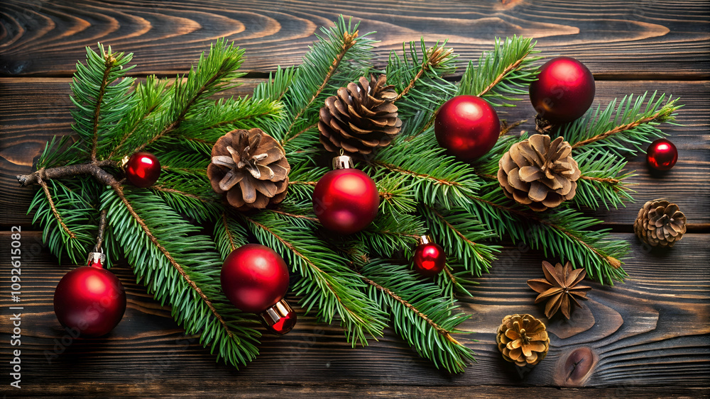 A festive arrangement of pine branches, red ornaments, and pinecones on a wooden background, perfect for Christmas decoration. A festive arrangement of pine branches, red ornaments, and pinecones on a wooden background, perfect for Christmas decoration.
