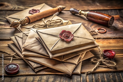 Vintage envelopes sealed with wax stamps, rustic elegance, antique letters, nostalgia, traditional correspondence, old-fashioned communication, historical charm, timeless style