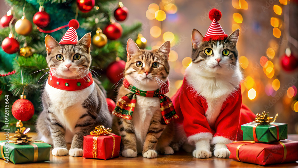 Three festive cats in Christmas attire sit by a decorated tree, surrounded by colorful gifts, capturing a joyful holiday atmosphere. Three festive cats in Christmas attire sit by a decorated tree, surrounded by colorful gifts, capturing a joyful holiday atmosphere.