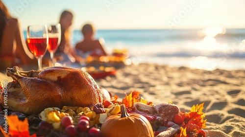 Fototapeta Naklejka Na Ścianę i Meble -  Beachside Thanksgiving Feast with Sunset Views