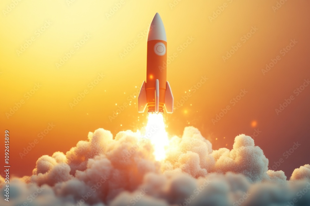 Naklejka premium The rocket taking off with a powerful burst of white smoke and flames. Gradient yellow and soft orange background. Concept of innovation, progress, startups, launching new projects or ideas.