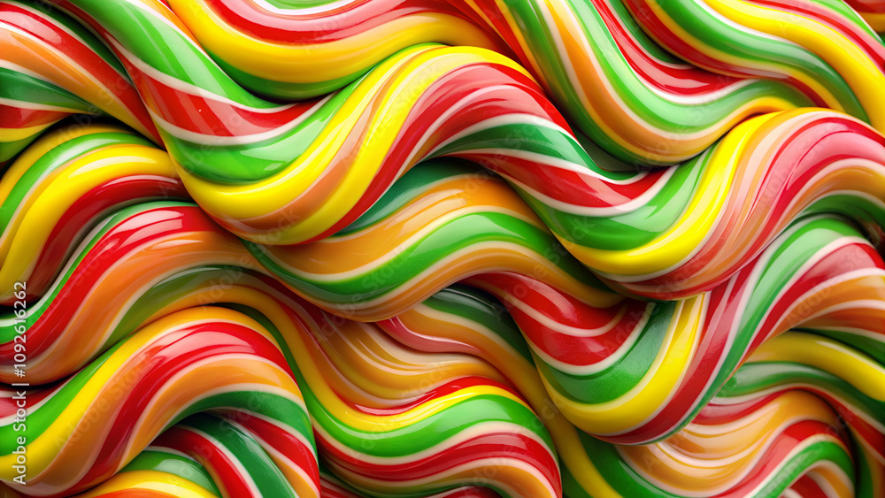 A vibrant, swirling pattern of colorful candy stripes in red, yellow, and green, creating an eye-catching, playful texture. A vibrant, swirling pattern of colorful candy stripes in red, yellow, and green, creating an eye-catching, playful texture.