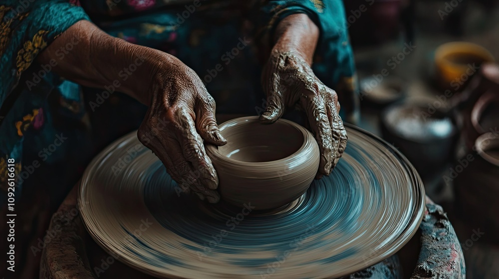 Close-up of hands working on a pottery wheel, shaping a clay pot, showing skill and artistry