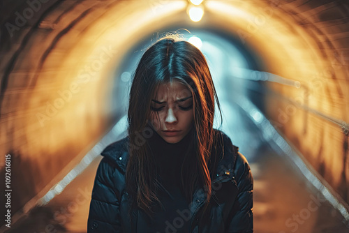 Depressed sad young female standing in a dark tunnel photo