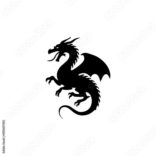 Dragon Silhouette Vector illustration, Flying dragon silhouette vector, Black Dragon silhouette. Medieval fantasy dragon, winged serpent isolated for using fantasy symbol, mythical beast illustration