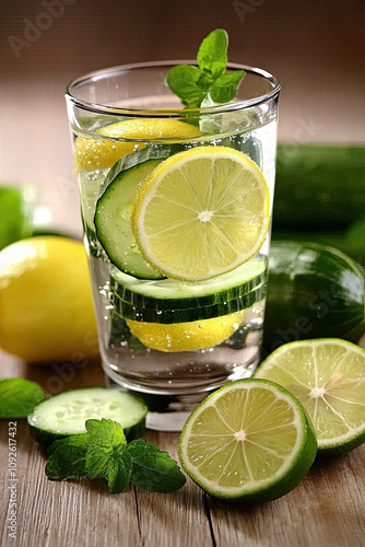 A glass of detox water with slices of lemon, lime, and cucumber photo