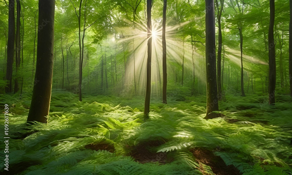 Fototapeta premium Beautiful rays of sunlight in a green forest