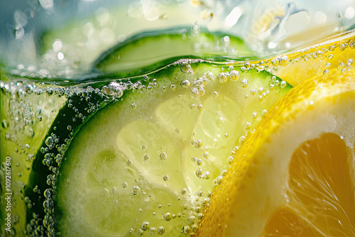 A glass of detox water with slices of lemon, lime, and cucumber photo