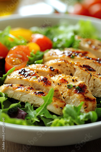 A protein-packed salad with grilled chicken, mixed greens, and a light dressing photo