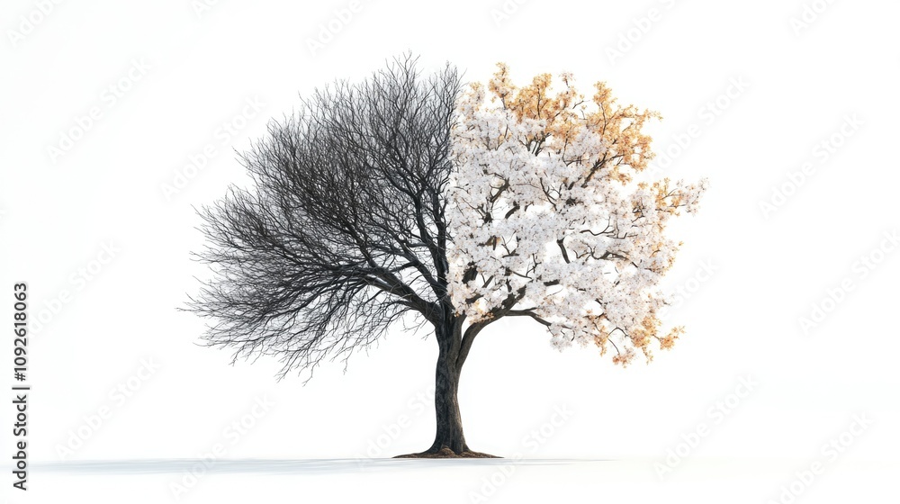 Naklejka premium Half-barren, half-leafy tree with intricate branch details on one side and blooming spring foliage on the other, clean white background