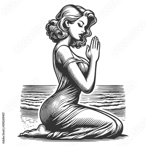 woman with sea or ocean waves, hands in prayer, spirituality and inner peace sketch engraving generative ai vector illustration. Scratch board imitation. Black and white image. photo