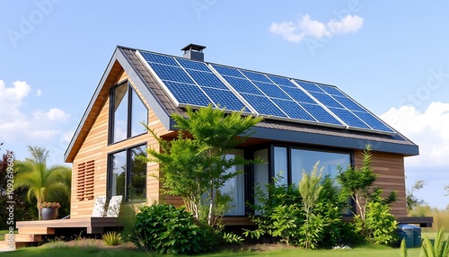 A contemporary eco-friendly home wallpaper featuring solar panels on the roof, large windows, and surrounded by greenery, conveying a modern and sustainable lifestyle.