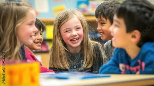 Group of students laughing while studying, creating a lively and positive