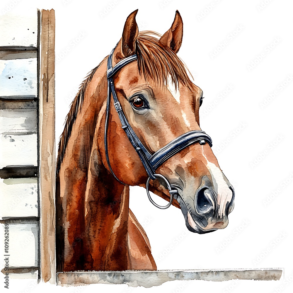 Obraz premium Watercolor Painting of a Chestnut Horse's Head and Neck, Looking to the Side, Partially Visible Behind a Wooden Fence.