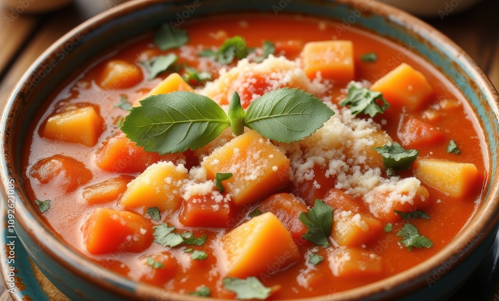 Delicious vegetable soup topped with basil Delicious vegetable soup topped with basil