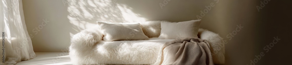 Minimalist Cozy White Sofa with Winter Decor on Light Beige Background Minimalist Cozy White Sofa with Winter Decor on Light Beige Background