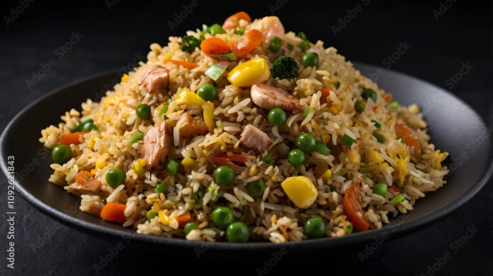 Fried rice served on a black plate, showcasing its Savory and aromatic flavors, with a dark background to highlight the dish's vibrant texture and simplicity. Perfect comfort food for any meal. Fried rice served on a black plate, showcasing its Savory and aromatic flavors, with a dark background to highlight the dish's vibrant texture and simplicity. Perfect comfort food for any meal.
