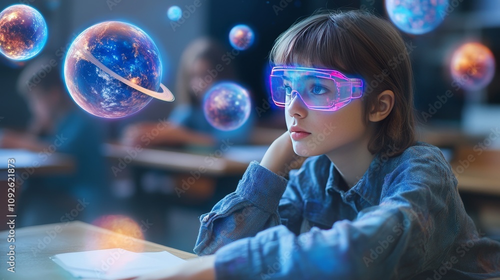 Naklejka premium Future of Learning: Child with VR Glasses in Classroom