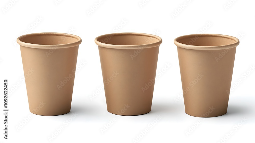 Three Empty Brown Paper Cups on White Background Three Empty Brown Paper Cups on White Background