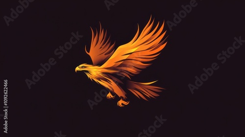 A stylized, orange eagle with its wings spread, soaring against a black background. photo