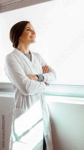 A woman in a white coat is standing in front of a window, smiling