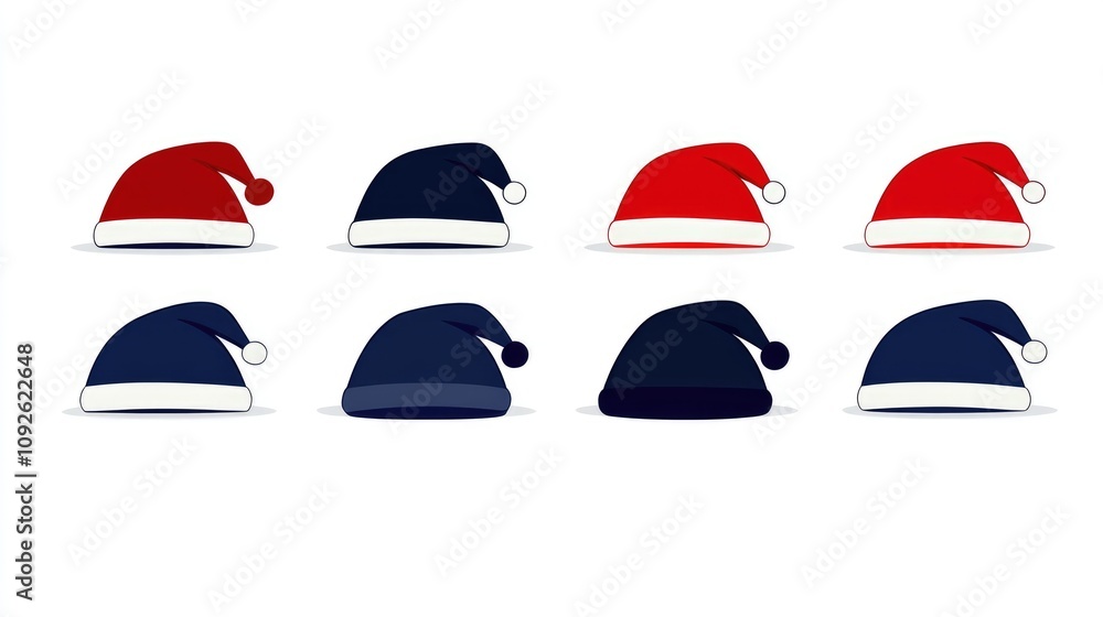Brightly colored Santa hats in shades of red and blue rest against a clean, monochrome backdrop, creating a festive mood that captures the spirit of Christmas cheer and celebration Brightly colored Santa hats in shades of red and blue rest against a clean, monochrome backdrop, creating a festive mood that captures the spirit of Christmas cheer and celebration