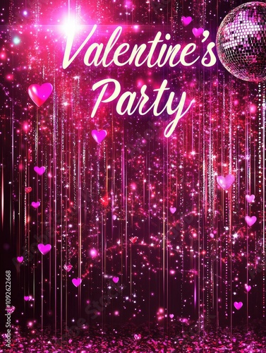  illustration of a valentine's day party poster with falling fuchsia hearts and a disco ball