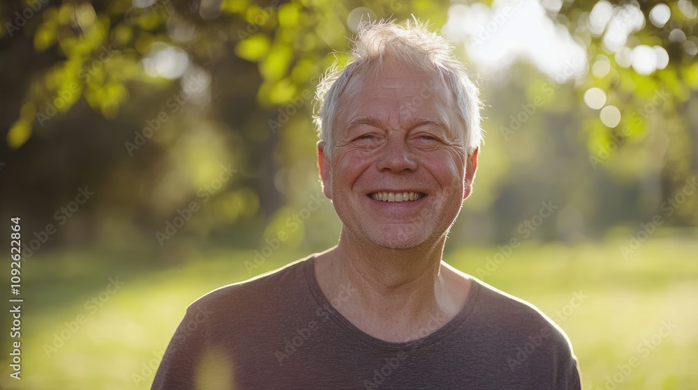 A smiling older man stands outdoors, surrounded by nature and soft sunlight. A smiling older man stands outdoors, surrounded by nature and soft sunlight.