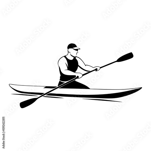  athlete paddling in canoe during competitive event, black-line drawing