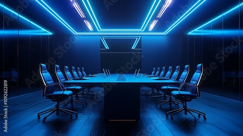 Futuristic Conference Room Neon Lights Modern Office Business Meeting Tech Startup