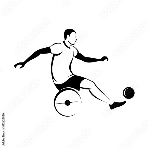 person in wheelchair playing football / soccer showcasing the spirit of inclusivity, black-line drawing