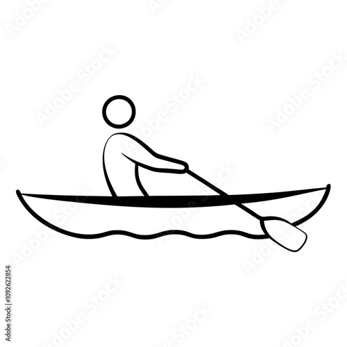Paralympic athlete paddling in canoe during parasports competition, black-line drawing