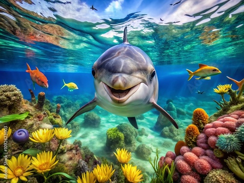 Joyful Dolphin Swimming Gracefully in Crystal Clear Waters Captured in Candid Underwater Photography, Showcasing the Beauty of Marine Life and Natural Behavior