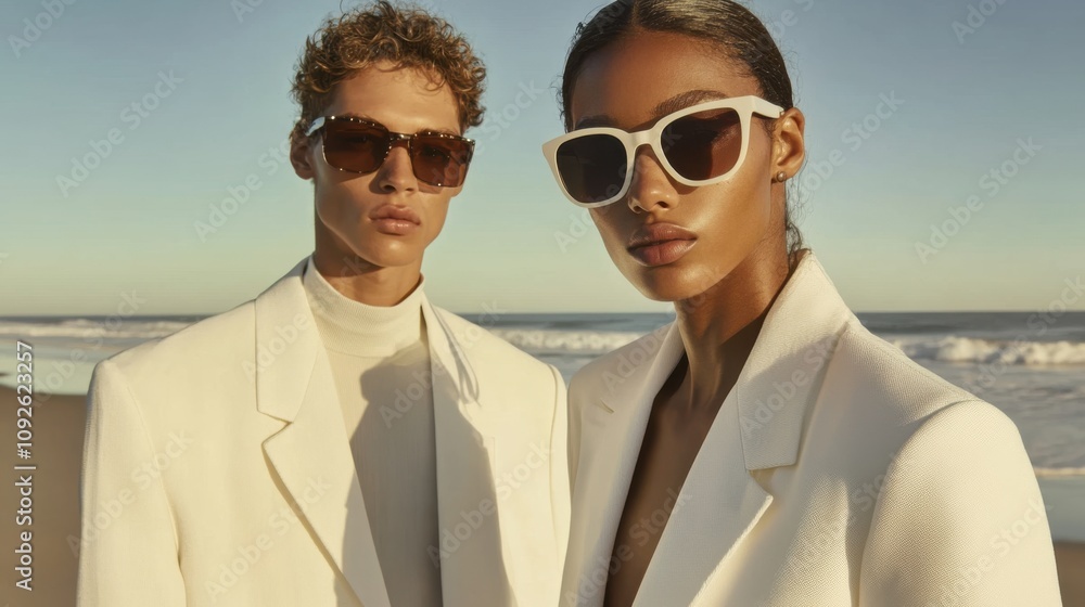 Stylish duo in Off-White attire posing on a quiet beach, Stylish duo in Off-White attire posing on a quiet beach,