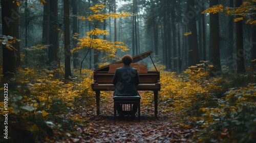 A lone pianist plays a grand piano in the middle of a misty forest.