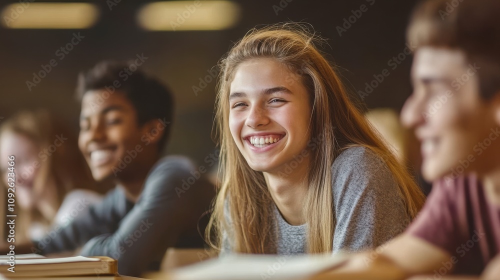 Teenagers in a relaxed classroom setting, smiling and laughing Teenagers in a relaxed classroom setting, smiling and laughing
