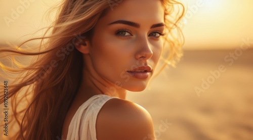 Young woman with flowing hair at sunset