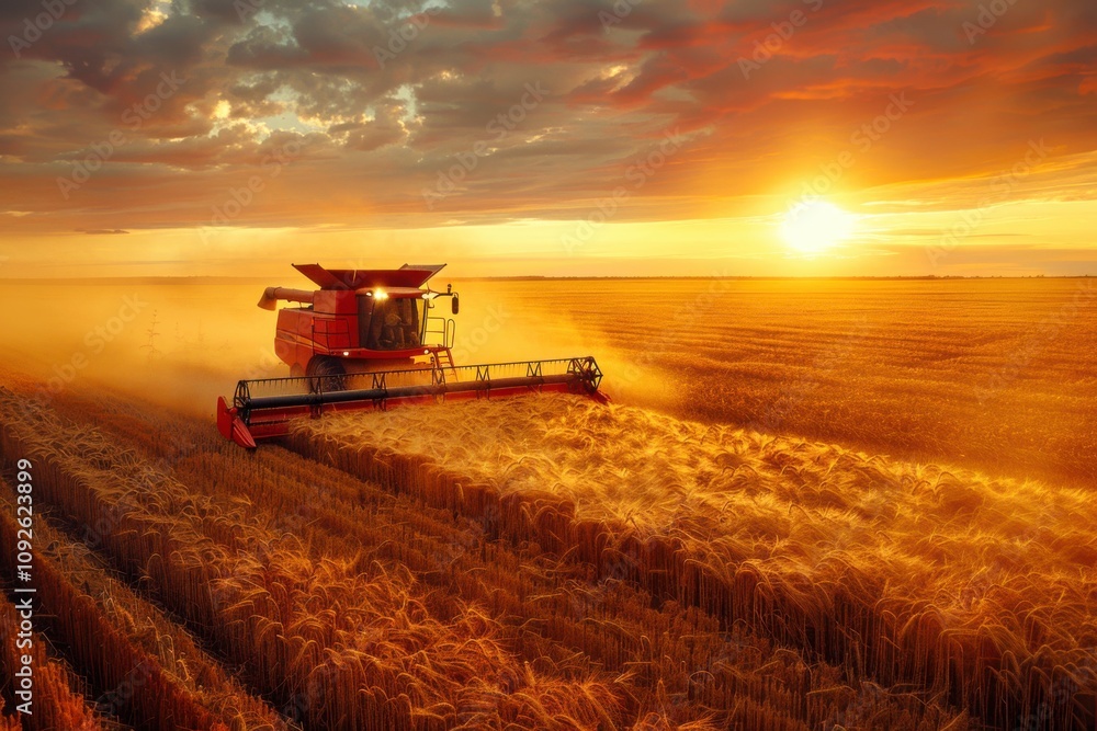 Fototapeta premium A high-resolution image of a state-of-the-art combine harvester at work, capturing golden grains being harvested against a breathtaking sunset horizon 