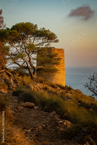 Golden hour on the brick structure with company of the tree and sea in Spain	
